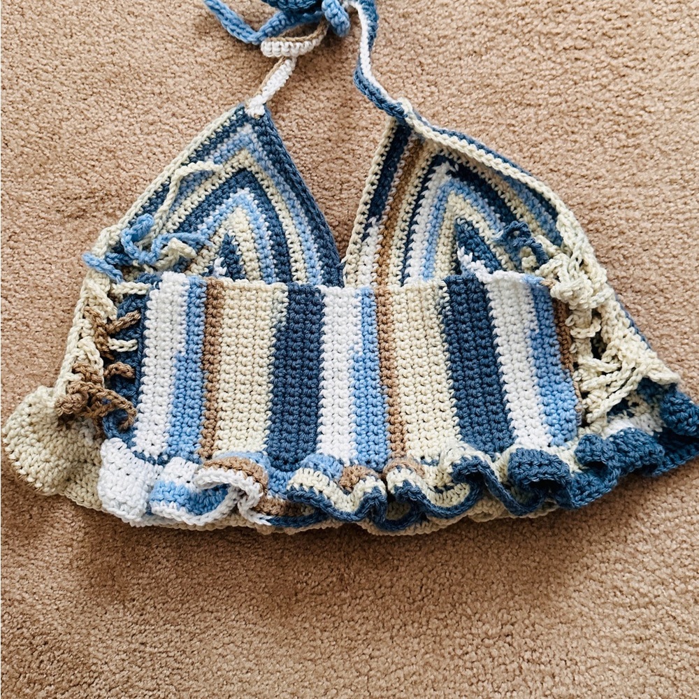 SALE $15 Striped Crochet Crop Halter Top - Picture 5 of 6
